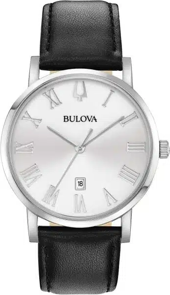 A Bulova American Clipper watch with white dial and black strap.