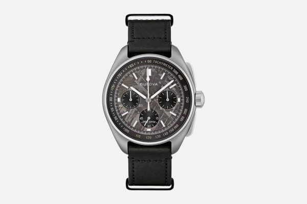 Bulova Lunar Pilot Meteorite watch with black strap, gray dial and silver case.