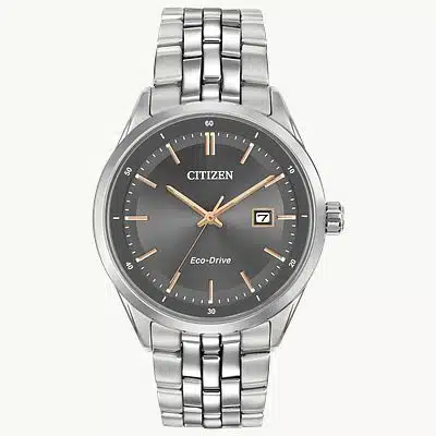Citizen Addysen watch with stainless steel band, dark grey dial and rose gold hands and time markers.