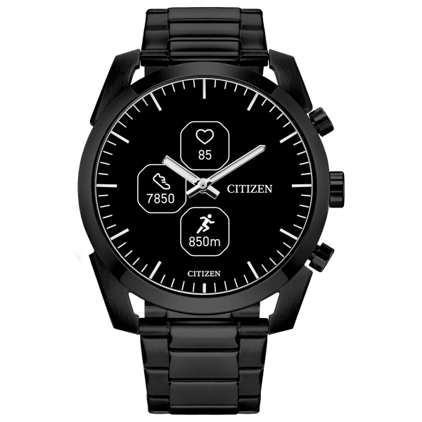 A Citizen CZ Smart Hybrid watch in all-black with white and silver face features.