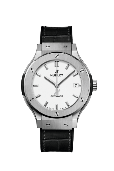 Hublot Classic Fusion Titanium Opalin watch with white face and black alligator strap.