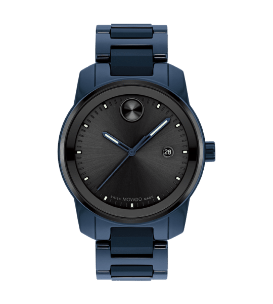 A Movado Bold Verso watch with blue stainless steel case and strap and black face.