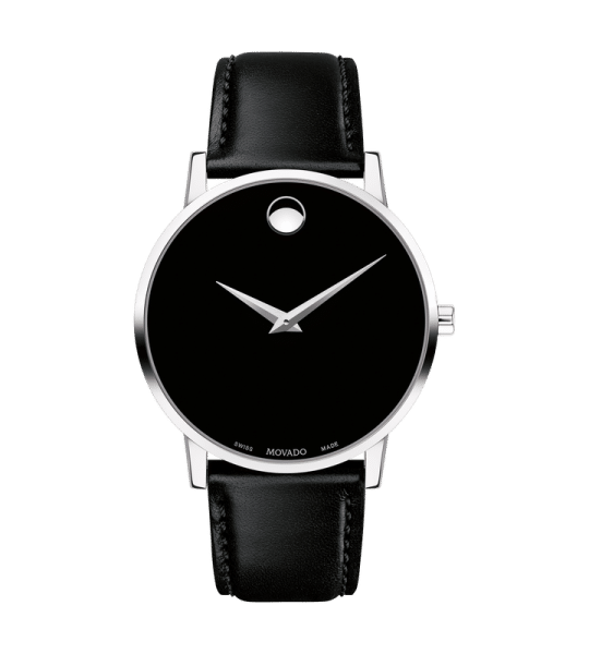 Movado Museum Classic watch with black face, black leather strap and silver metal accents.