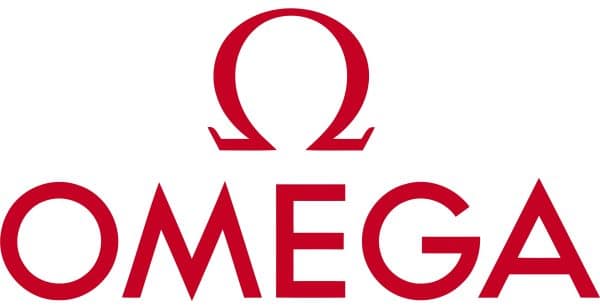 The Omega watches logo in red.
