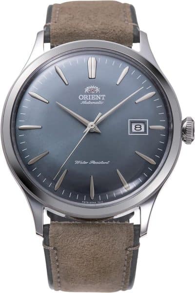 Orient Bambino Version 4 watch with blue dial and tan suede strap.