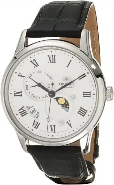 Orient RA-AL0008S10B Watch with white dial and black strap.