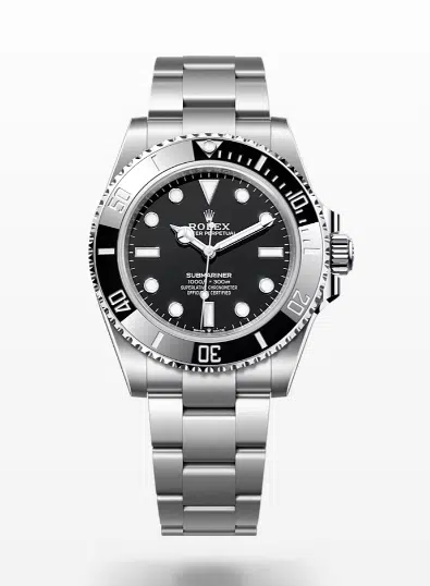 The Rolex Submariner 41 watch in white gold with a black dial and black bezel.