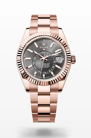 One of Rolex's Sky-Dweller rose gold watches with a charcoal gray face.