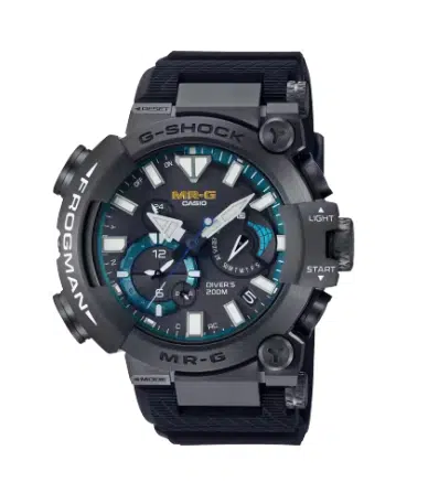 The Casio Frogman MRGBF1000R1A watch with black case and strap with blue accents.