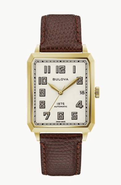 A Bulova Breton watch with a gold case, white dial and brown leather strap.
