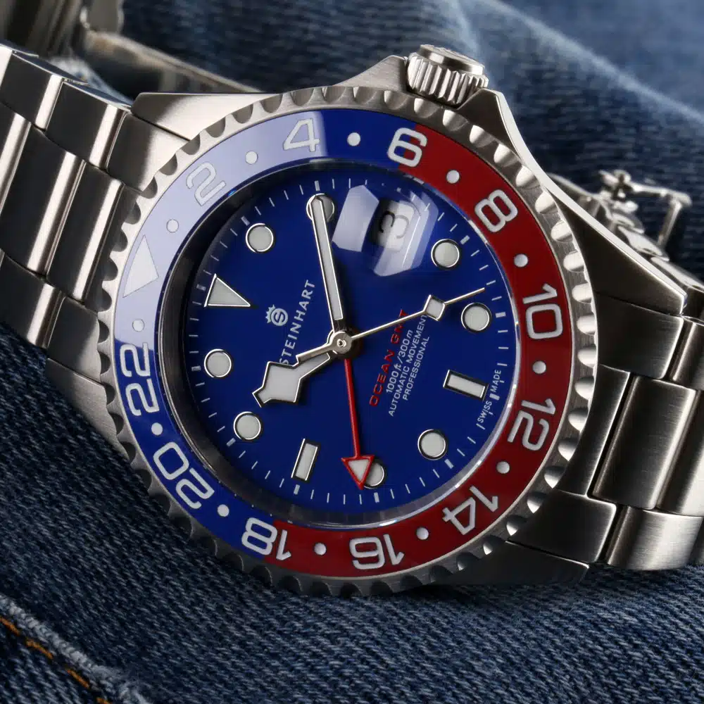 Steinhart ocean one GMT blue red watch