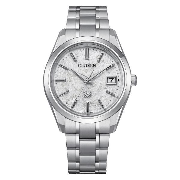 The Citizen Watch with silver titanium band, silver hands and time markers and white and silver face.