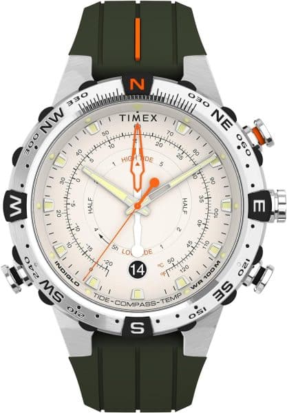A Timex Expedition North watch with a cream face and green strap with orange accents.
