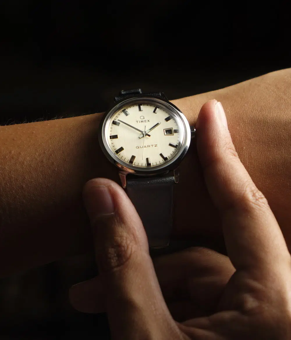 The Timex Q 1978 Reissue Date on wrist