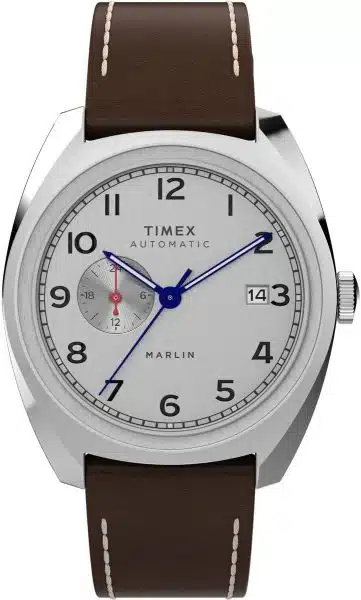 A Timex Marlin watch with a white face and brown strap.