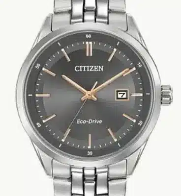 Citizen Addysen watch with stainless steel band, dark grey dial and rose gold hands and time markers.