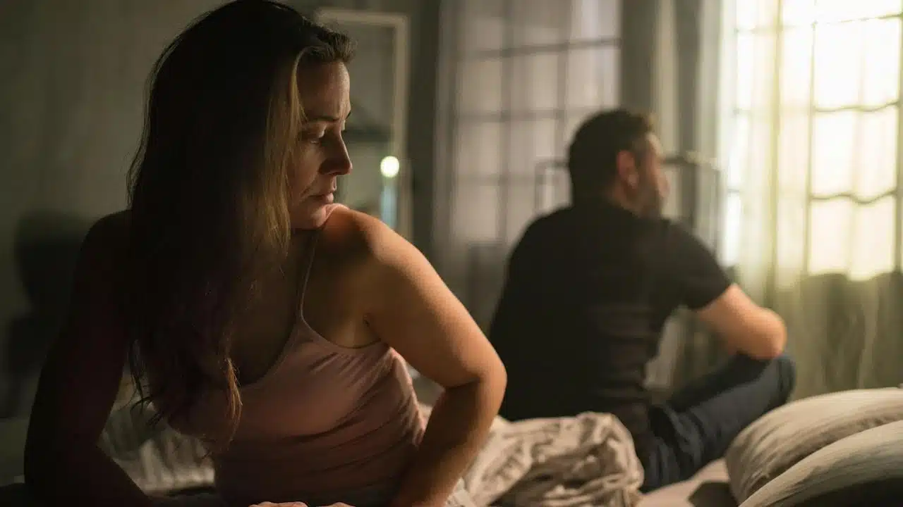An upset mid-adult woman with her husband in bed behind her
