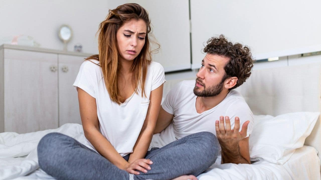 A man is gesturing and talking to a woman sitting beside him on a bed, looking upset.