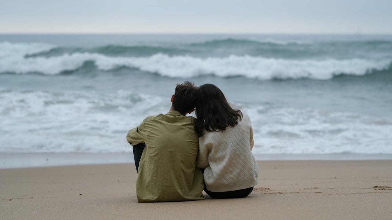 Couple sitting on the beach, viewed from the back, looking out at the ocean waves.