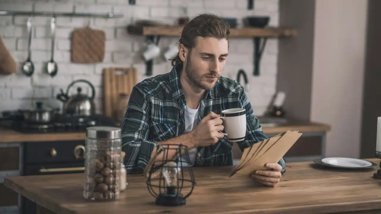 A handsome man sits at a kitchen table, drinking coffee and reading a stack of mail.