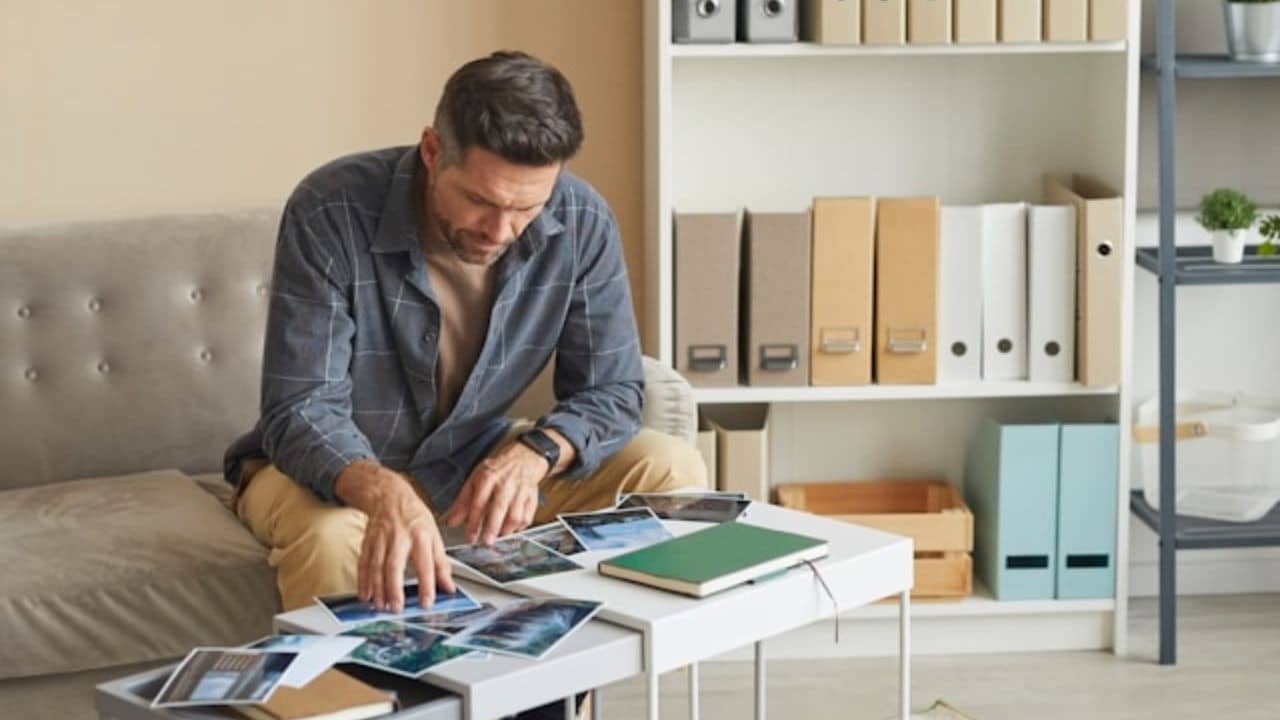 A man sits on a couch while looking through several printed photographs on a table.