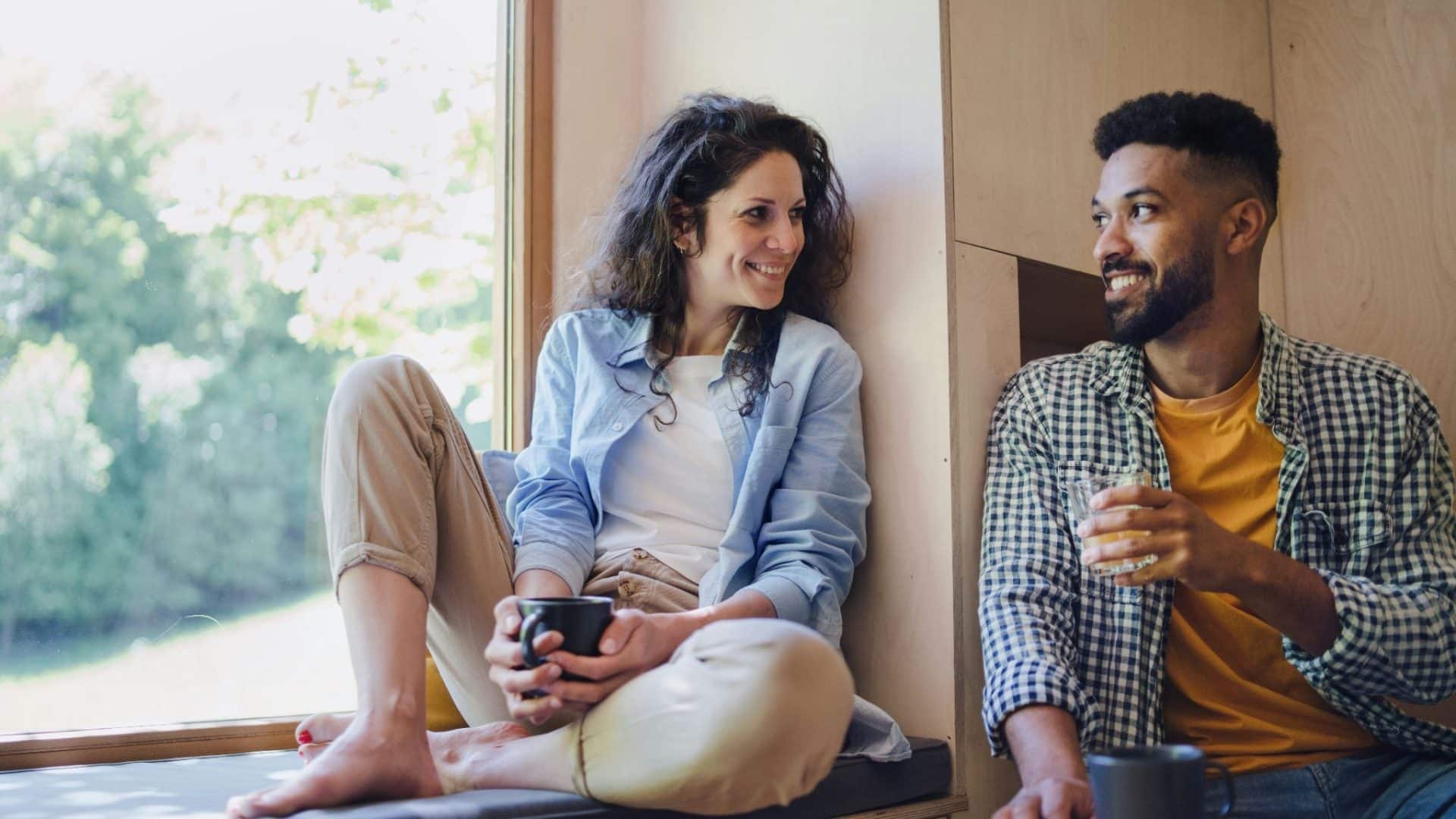 A man and woman talking