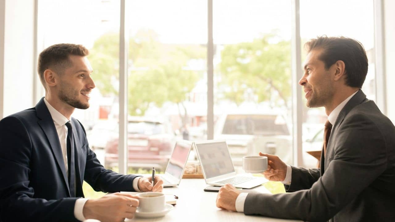Two men in suits sit at a table with laptops and coffee, smiling at each other.
