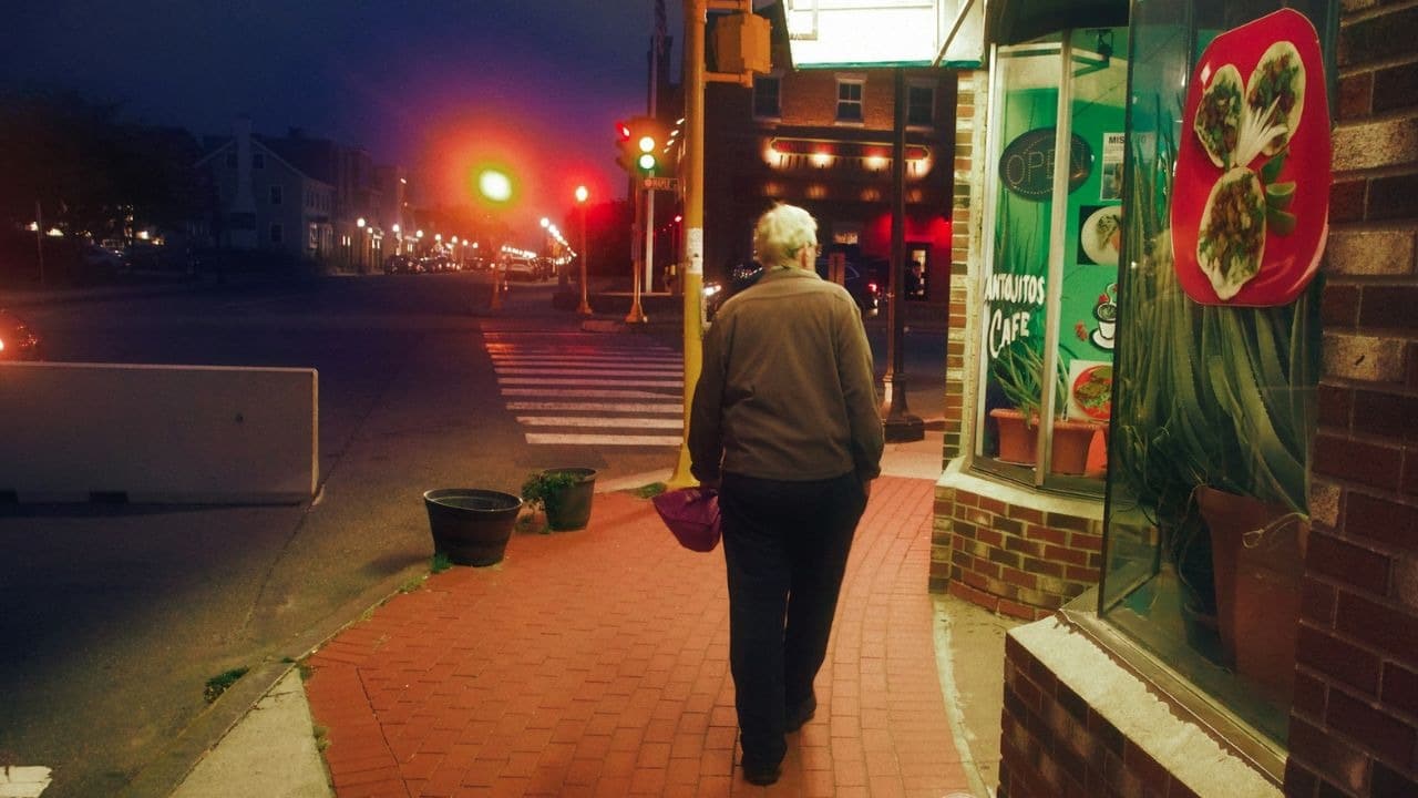 A person walks down a brick sidewalk at dusk, passing a cafe window and streetlights.