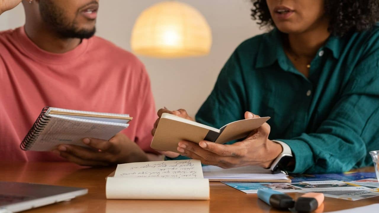 Two people hold notebooks and discuss something over a table with papers.