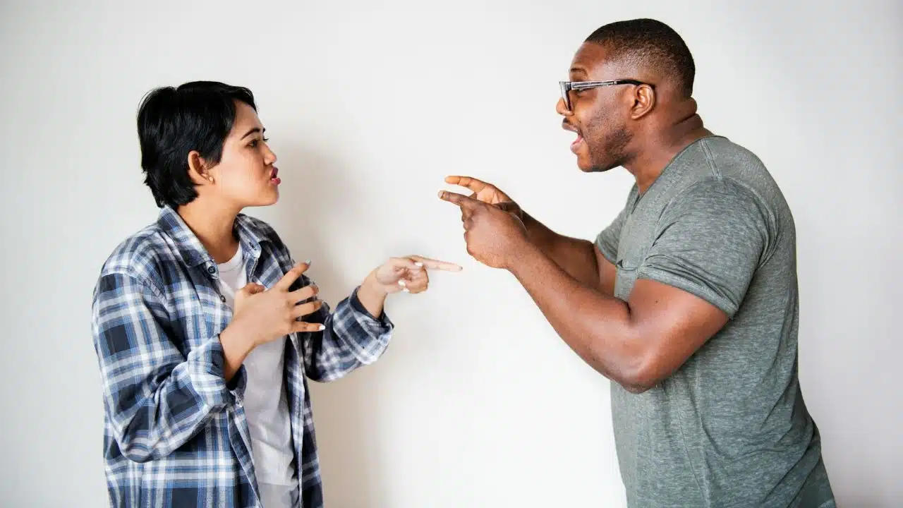 A man and woman stand facing each other, yelling and pointing accusatorially