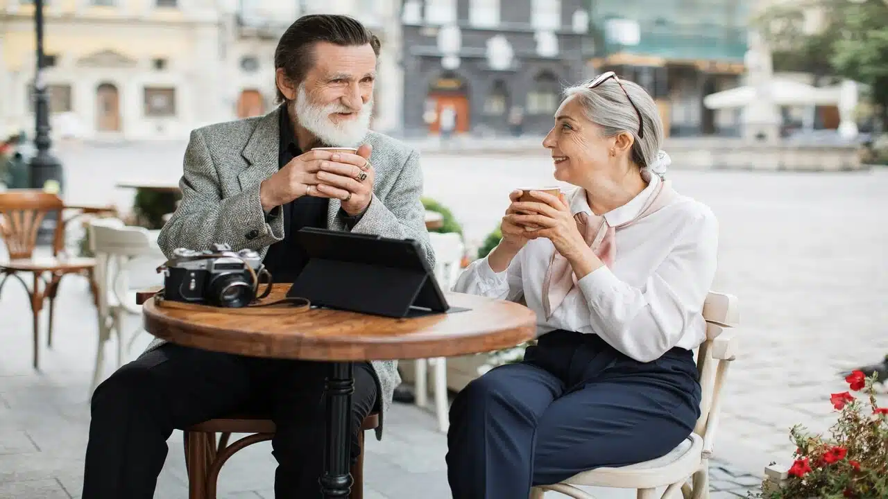 A mature couple laughing together