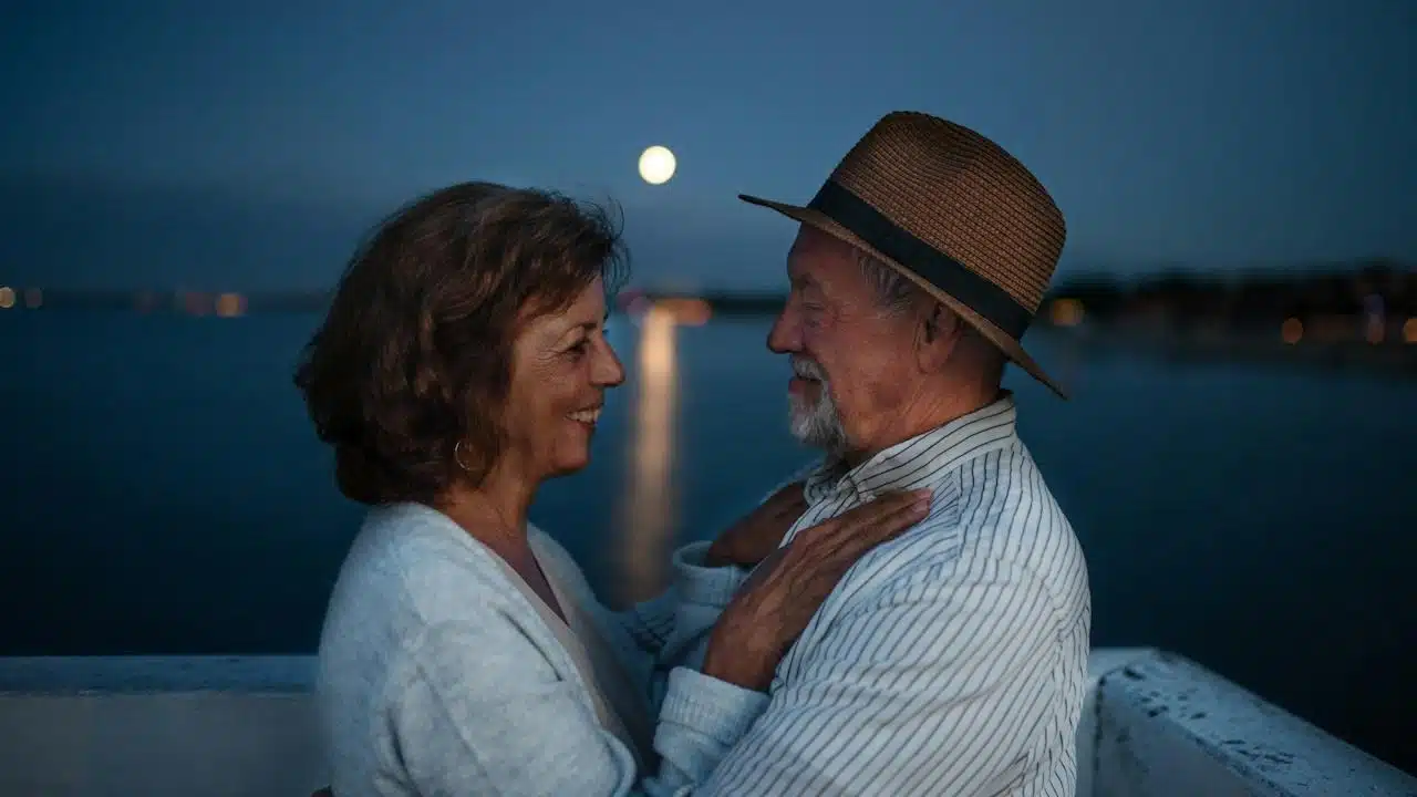 A happy senior couple hugging outdoors on a pier by the sea at dusk, looking at each other.