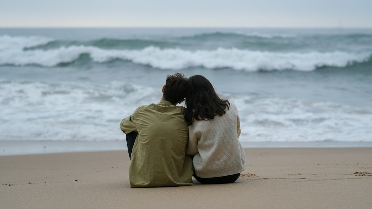 A couple of people sitting on top of a sandy beach.