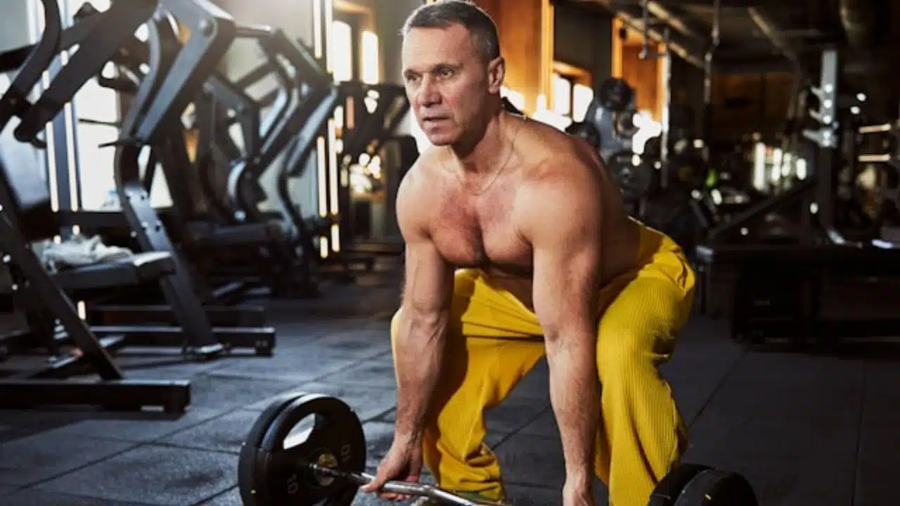 A shirtless man in yellow pants crouches while holding a barbell in a gym setting.