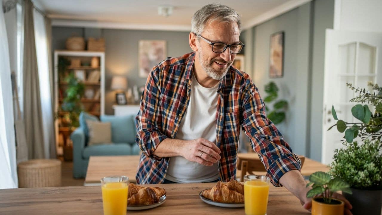 A smiling man in a plaid shirt sets down a small plant on a table with breakfast.