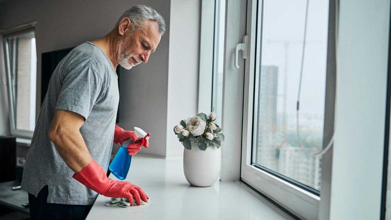 A man in red gloves sprays and wipes a surface near a window.