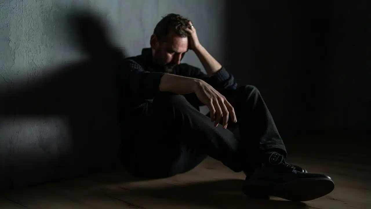 A man sits alone in a dark room with his hand on his head, looking stressed and sad.
