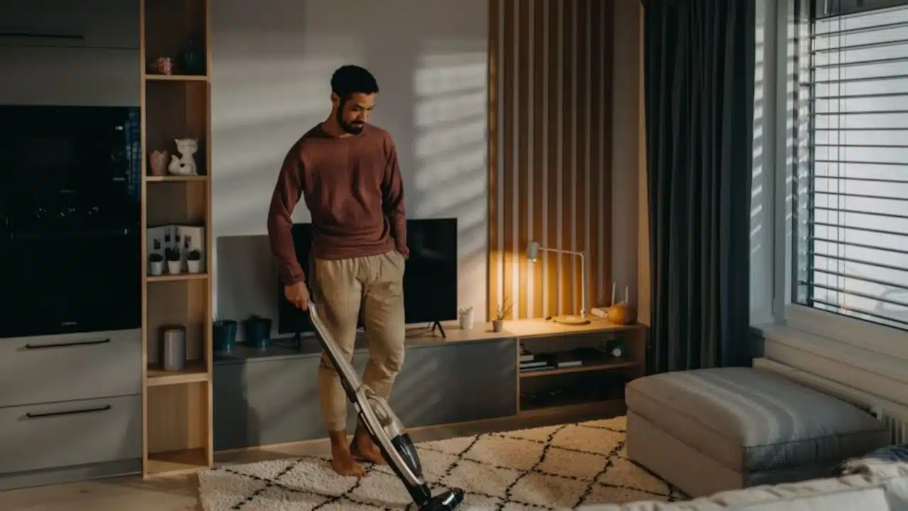 A man vacuuming the living room
