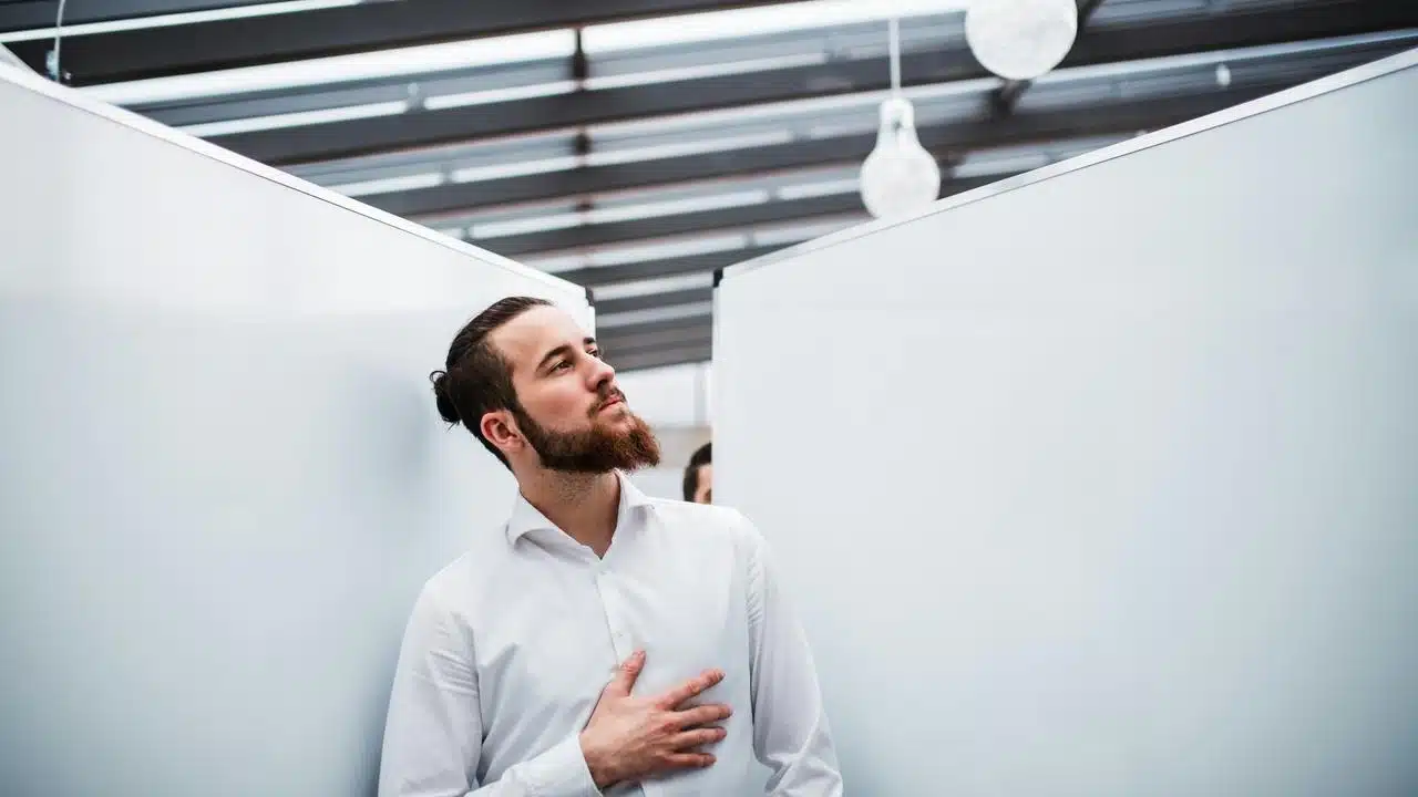 A bearded man in a white shirt standing with his hand on his chest.