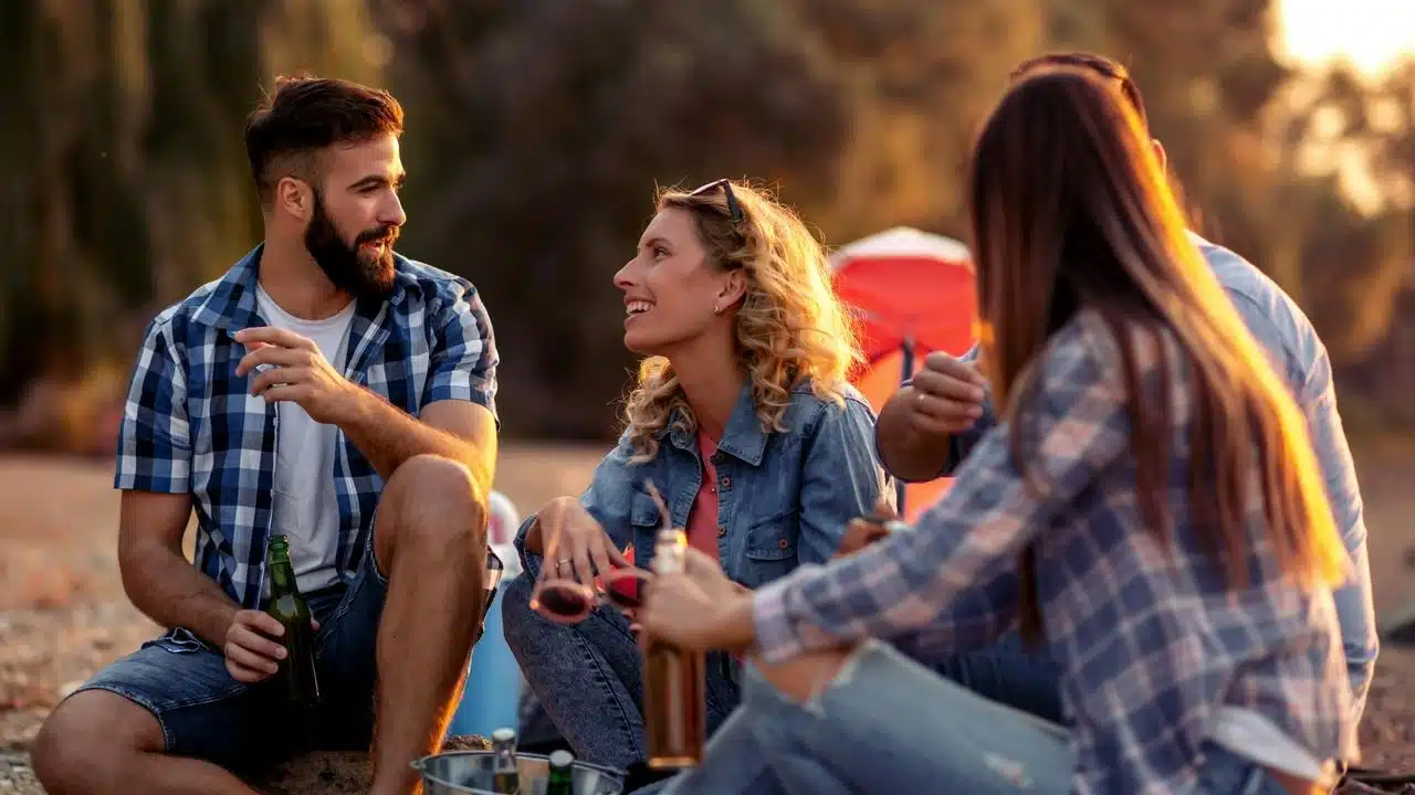 A group of friends outdoors sharing drinks.