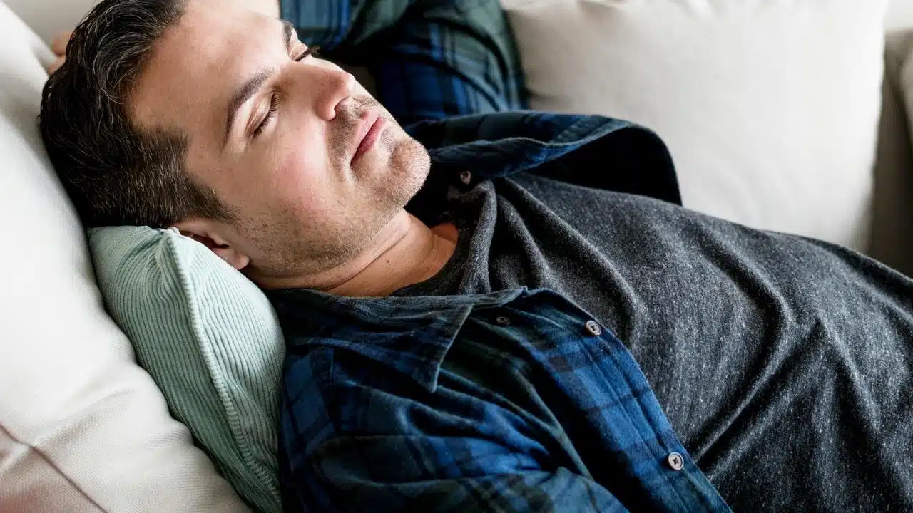 A man reclining on a couch with his eyes closed.