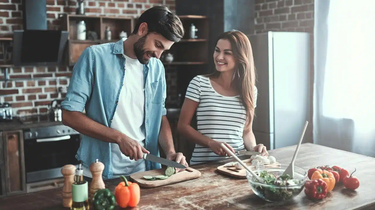 A man and woman chopping vegetables on a kitchen counter.
