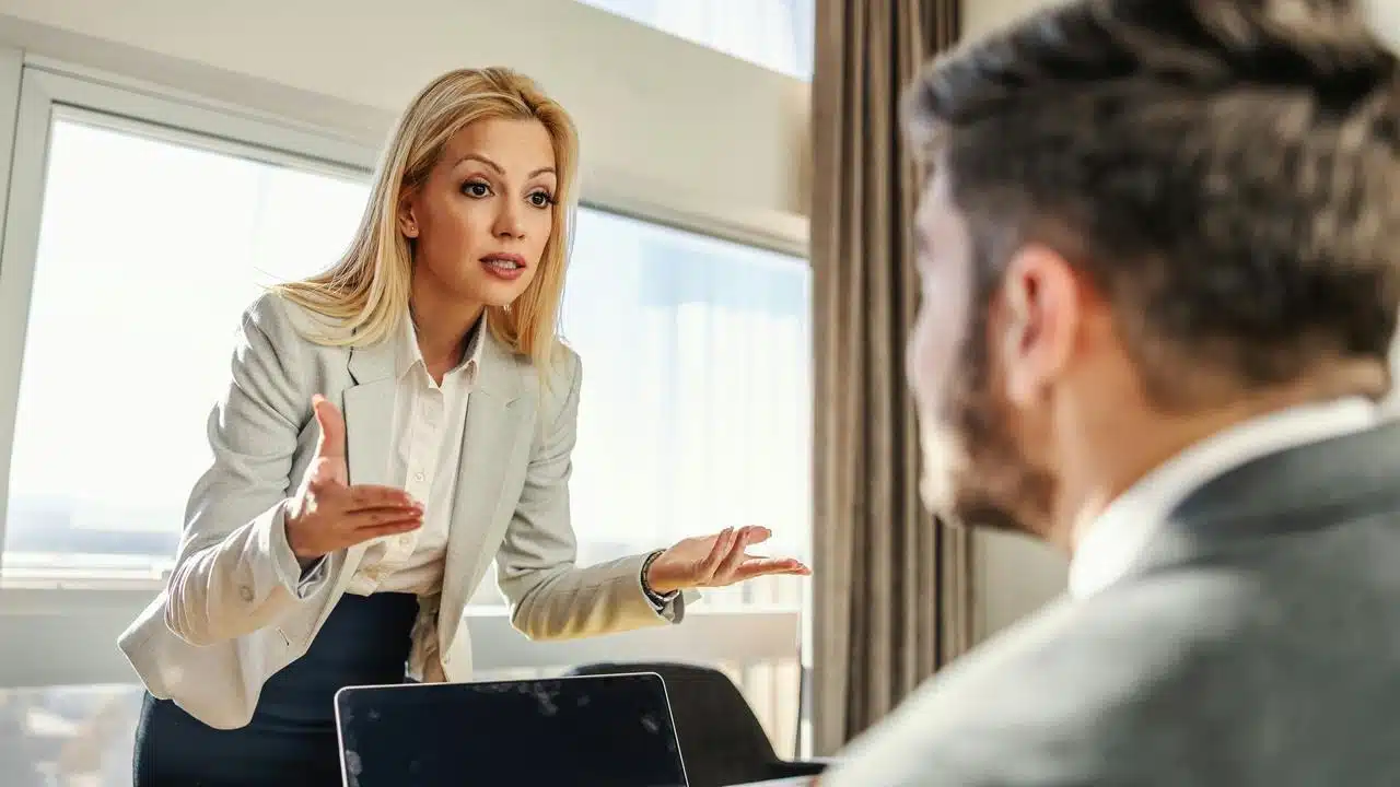 A businesswoman gesturing while speaking to a colleague.