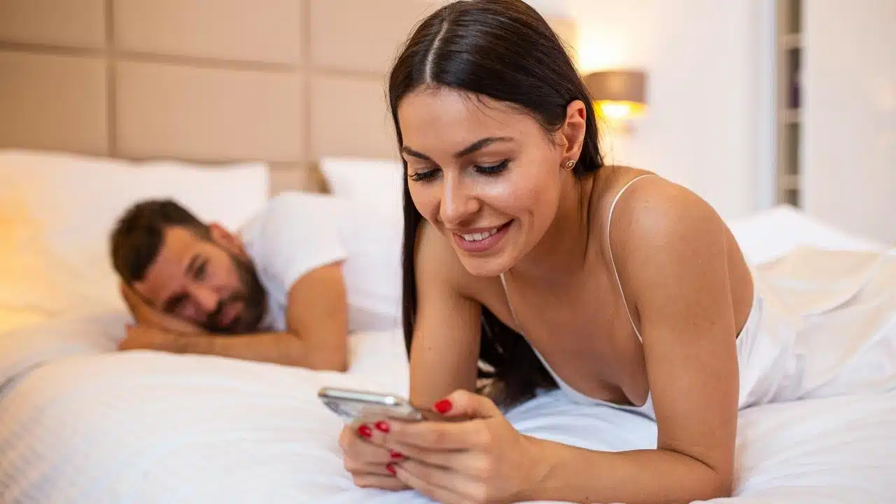 A woman smiling at her phone on a bed as a man watches behind her.