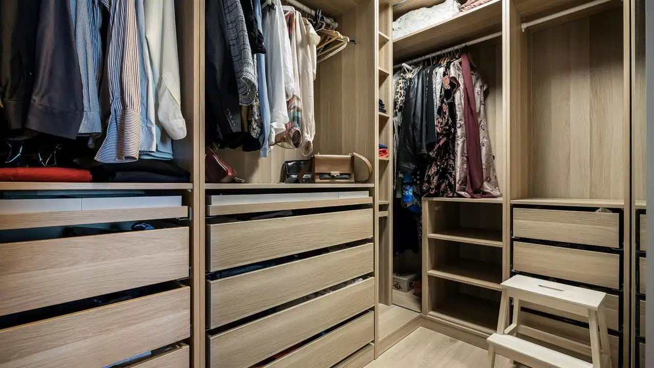 A wooden walk-in closet with hanging clothes, drawers, and a small step stool.