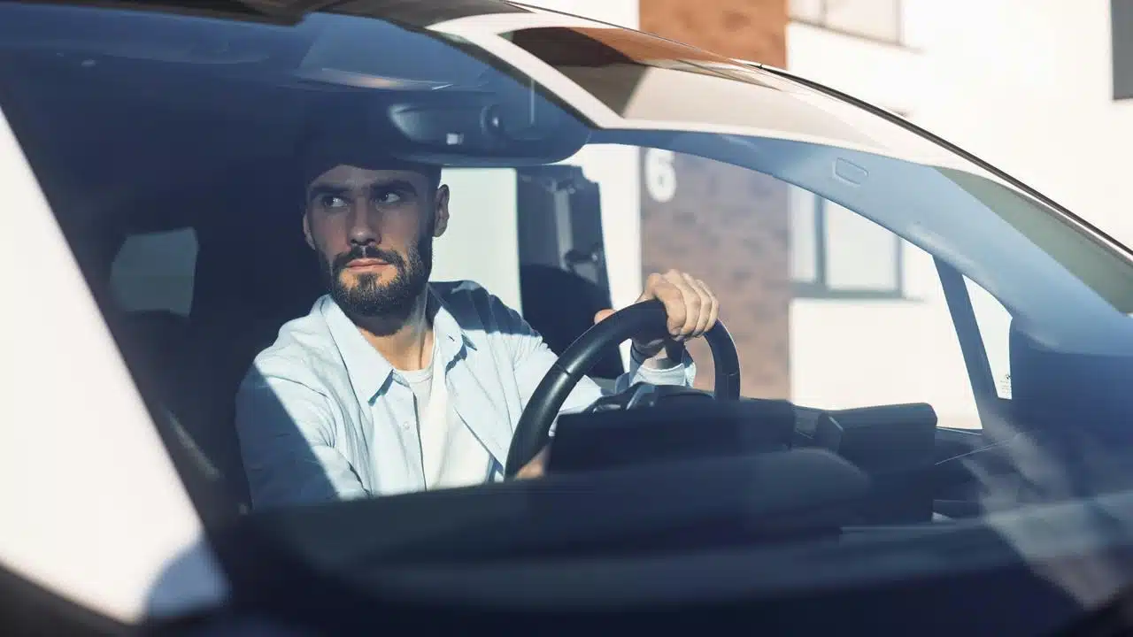 A bearded man driving a car and looking to the side.