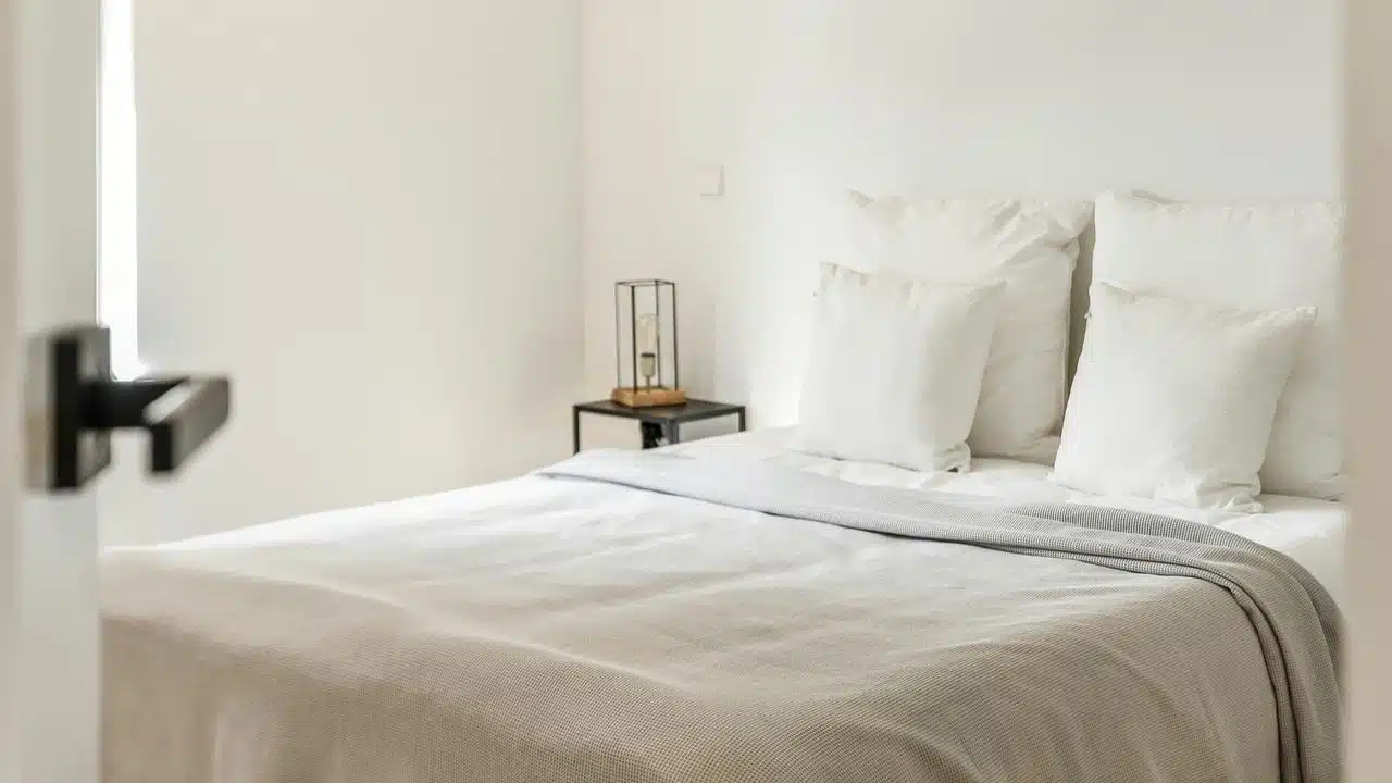 A minimalist bedroom with a neatly made bed, white pillows, and a bedside lamp.