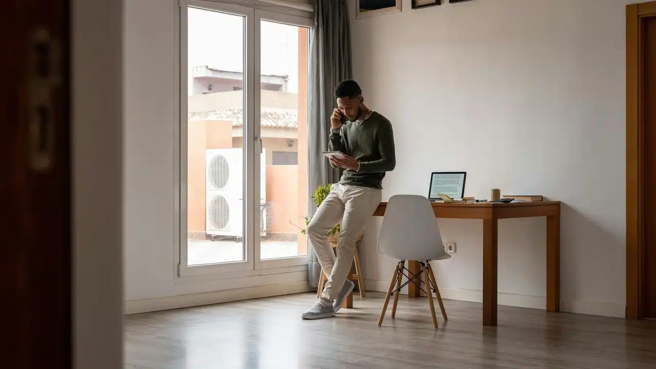 A man on a phone call while checking a tablet as he leans against a home office desk.