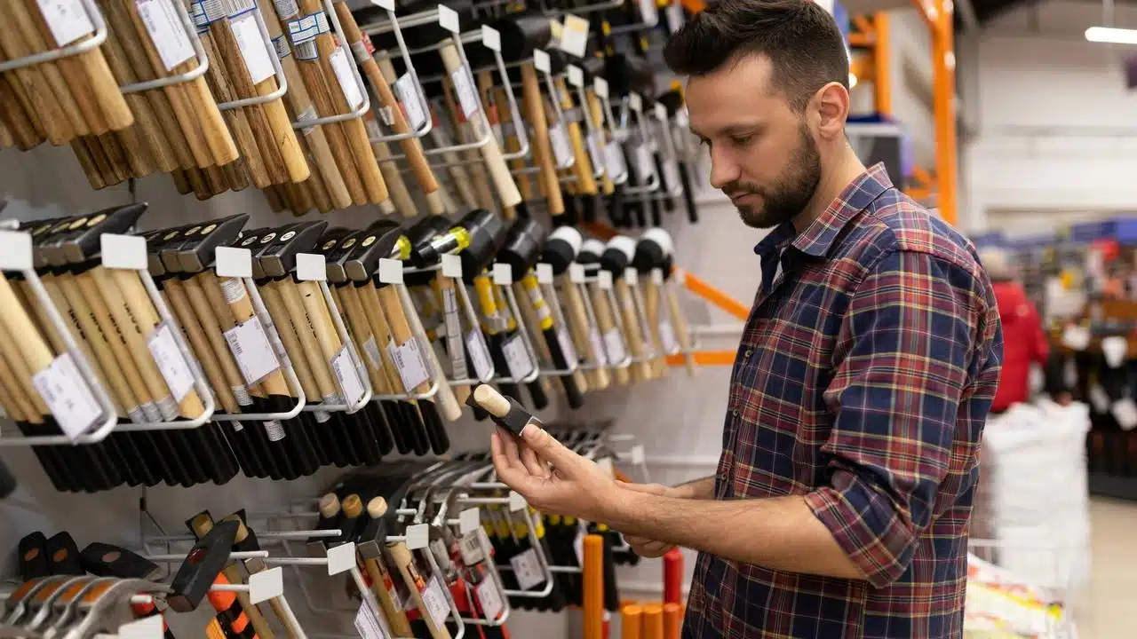 A man inspecting a hammer in a hardware store.
