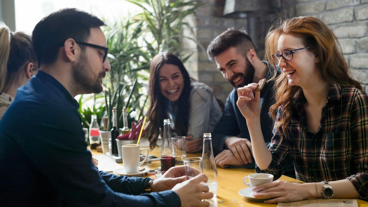 A group of four adults laughing and talking together at a cafe table.